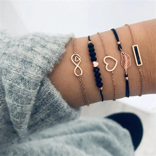 Black Bead Love Bracelet Set Elegant Women Bracelet Bangle Cuff Jewelry Set for Girl Good Gift 5Pcs String